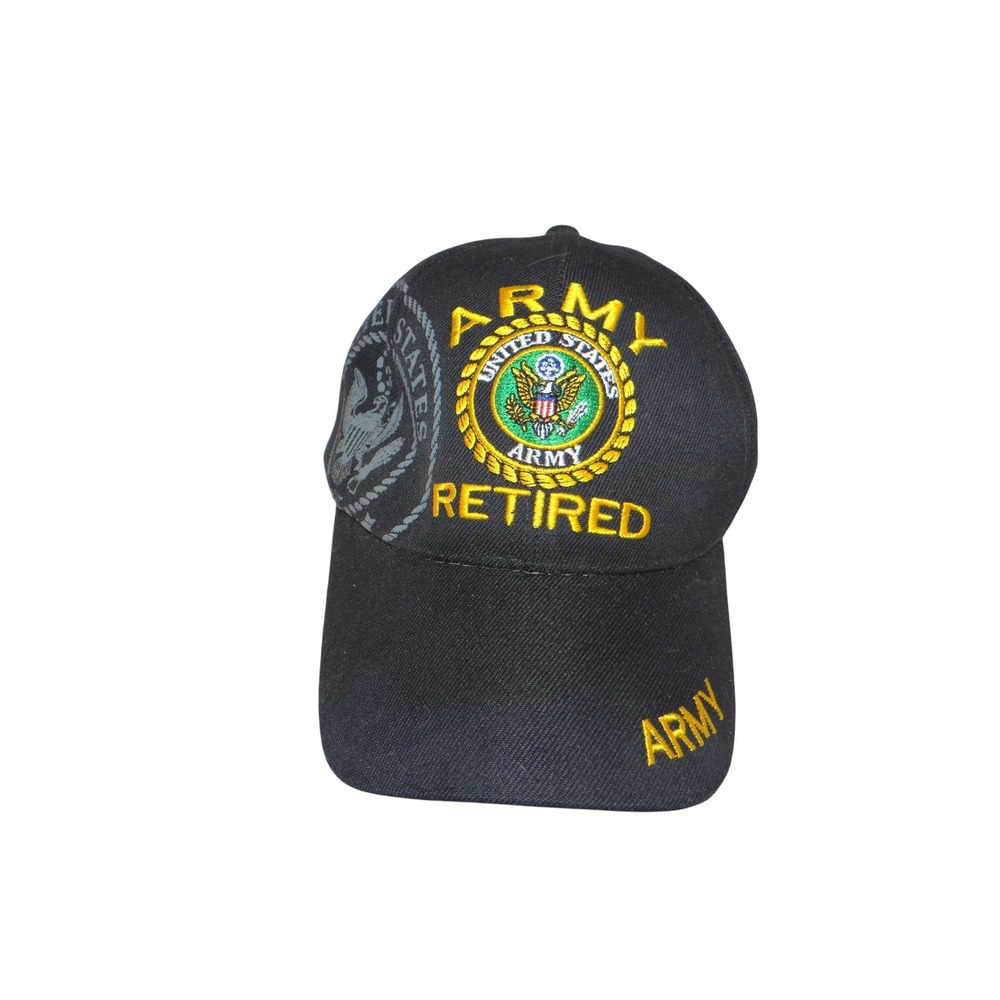 US Army Retired Baseball Cap Black Gold Embroidered Adjustable Military Hat 3162